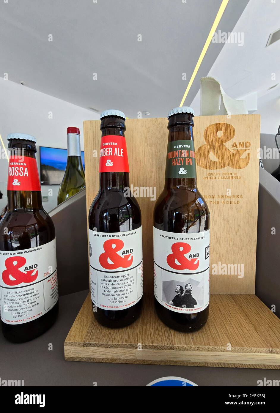 Bottels of & And beers displayed at the tourist office in Andora la Vella, Andorra. - Smartphone Captured Stock Image