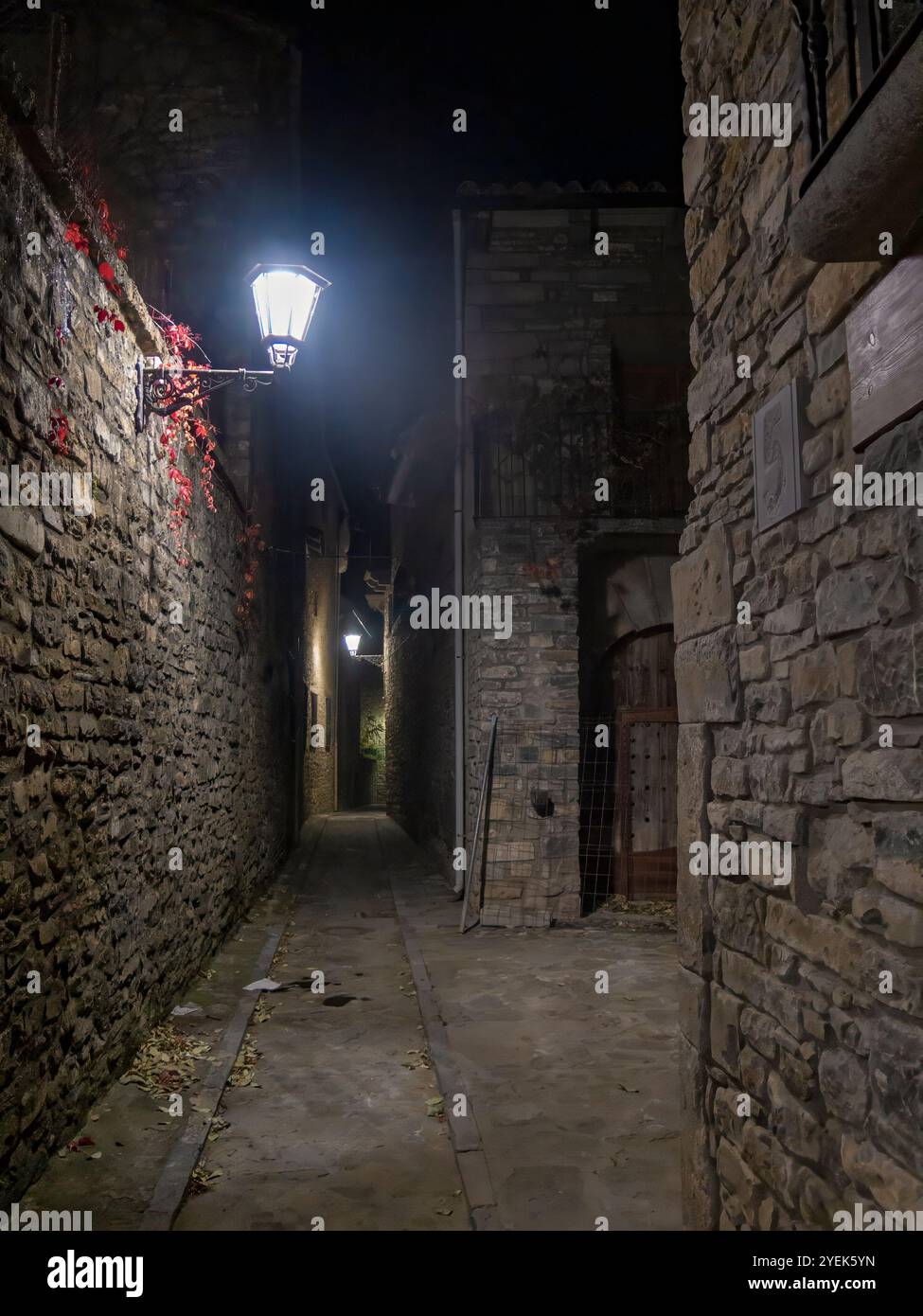 Narrow stone alley at night with ivy-covered walls illuminated by ...