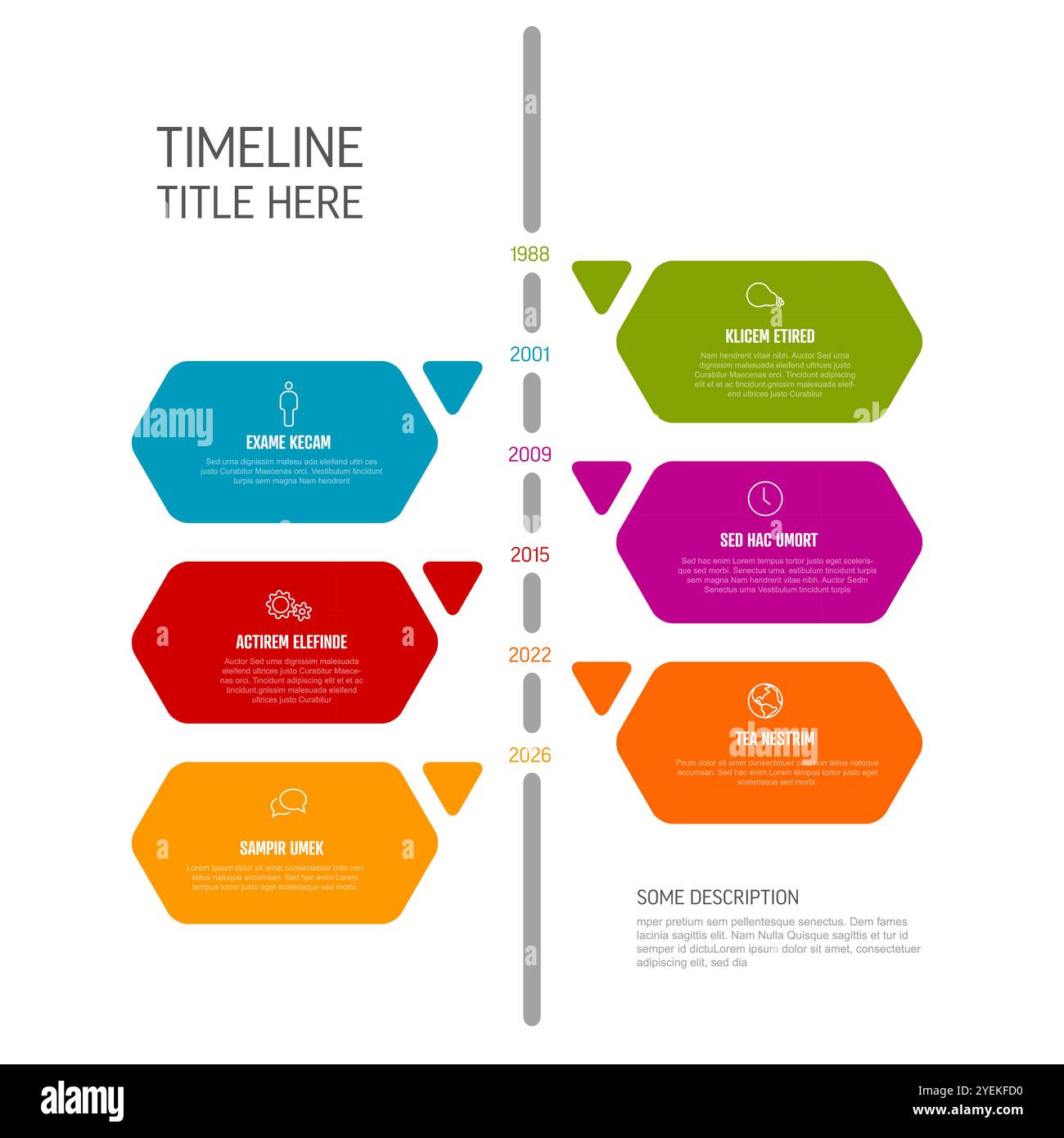 Simple solid color timeline template with content hexagons and triangle ...