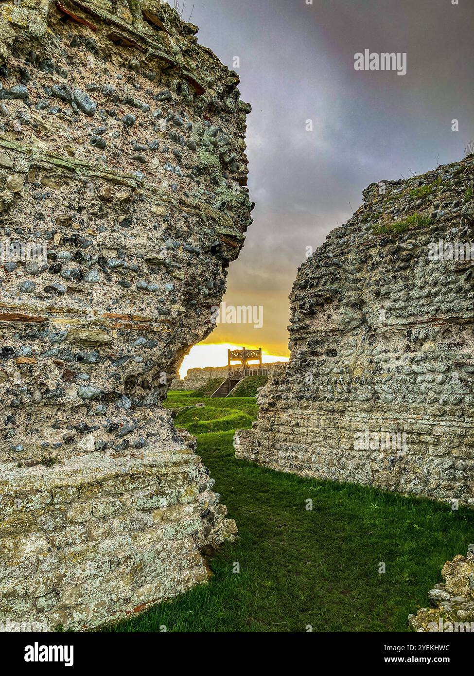 Richborough Roman Fort at Sunset looking towards the replica wooden Roman gateway - Smartphone Captured Stock Image