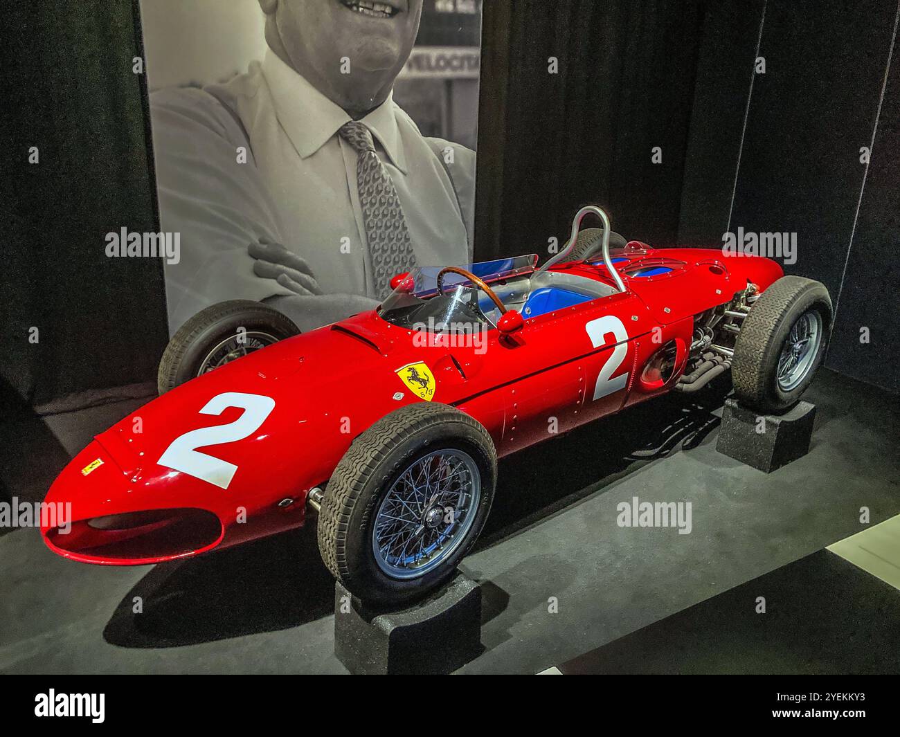 A Red, 1961, Shark nose Ferrari  156, driver by American Racing driver Phill Hill, on display at the Formula One Exhibition, ExCel, London - Smartphone Captured Stock Image