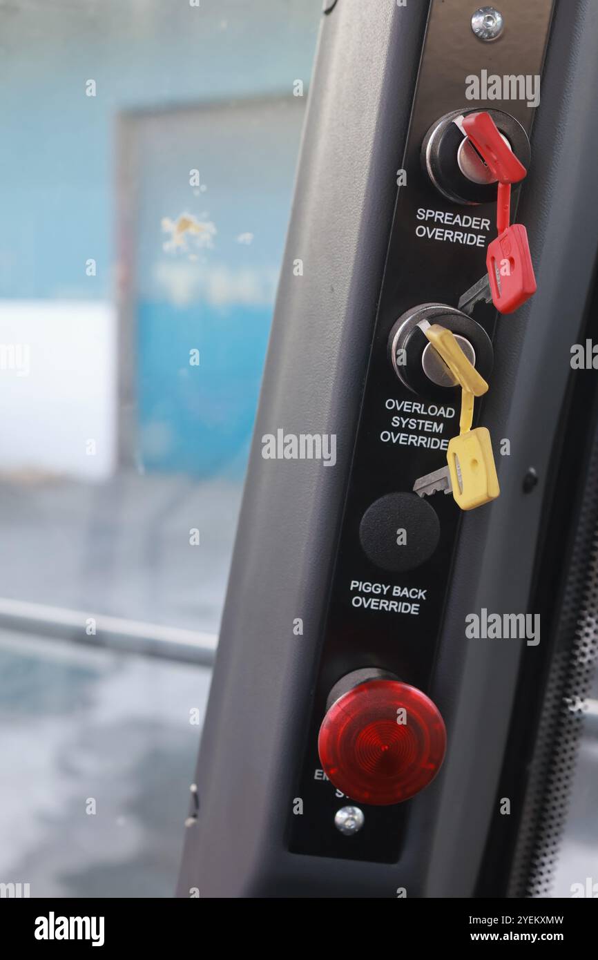 Detailed view of a laden reach stacker control panel with labeled ...