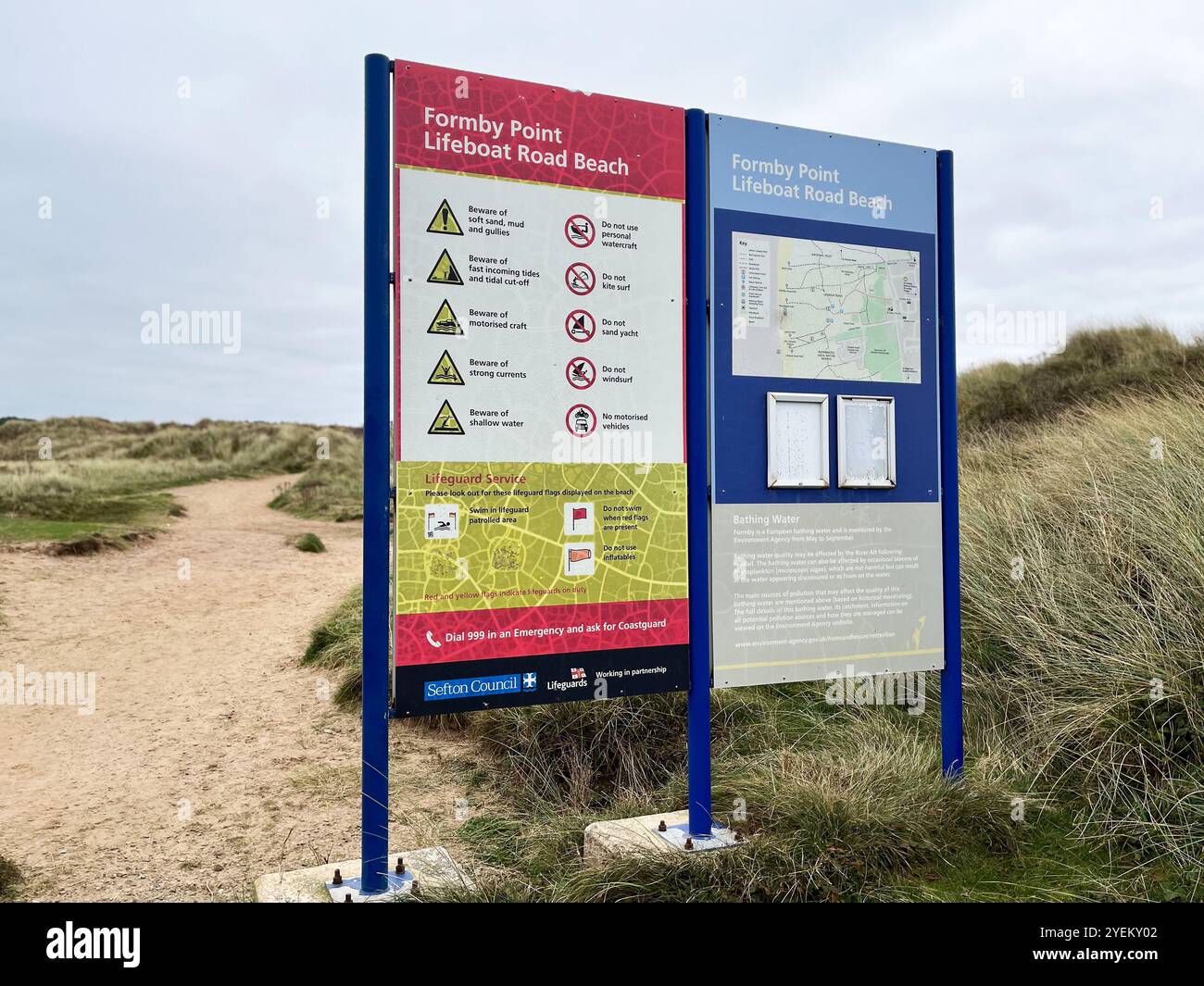 Formby Point Life Boat Road Beach Sign on coastal footpath - Smartphone Captured Stock Image
