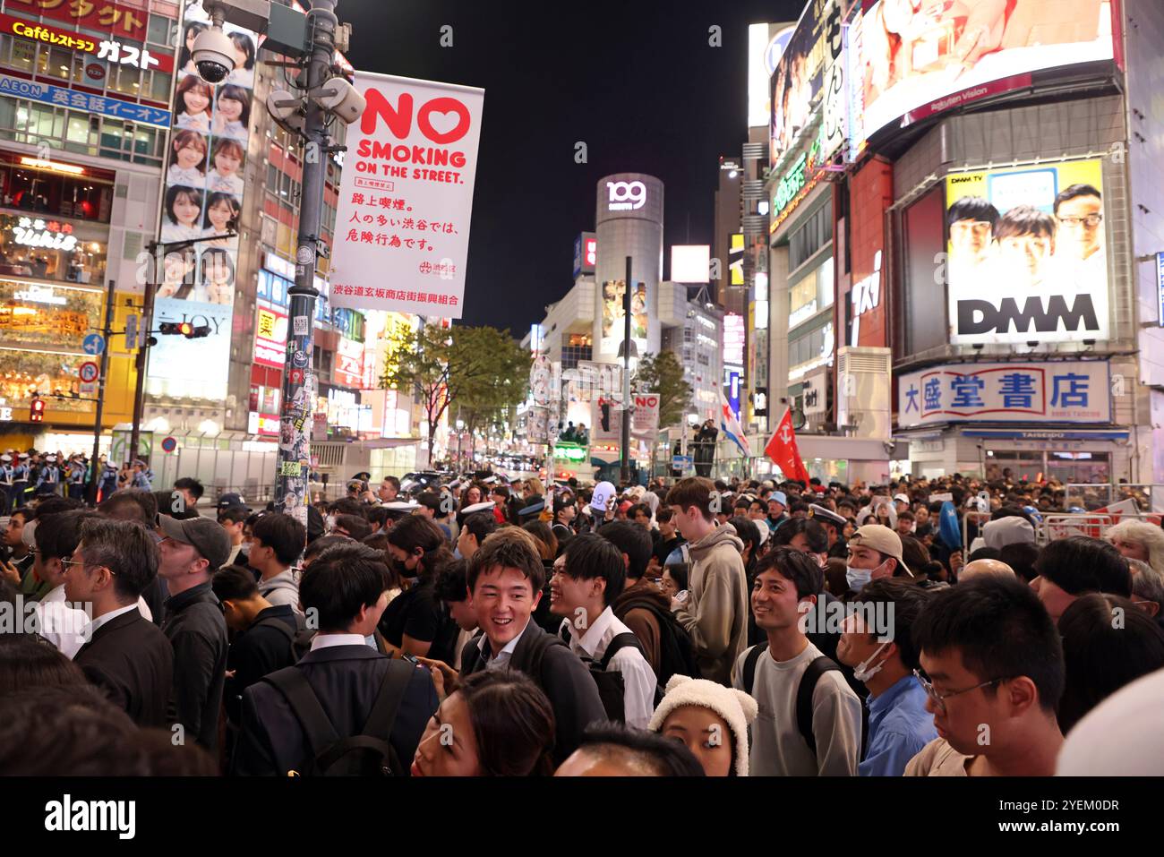 Huge crowds in Shibuya, Tokyo in Japan to celebrate Halloween. It has become tradition for many locals and tourists to descend on the famous Shibuya Scramble Crossing to celebrate Halloween. However, in recent years there have been so many people that the area has descended into chaos. This year the police have put in controls to stop drinking and parties from 6pm until 4am and made the crossing into a one-way system, to try and maintain order amongst the crowds. Despite requests to stay away, the area was as busy as ever with people enjoying the world famous Shibuya atmosphere. Stock Photo