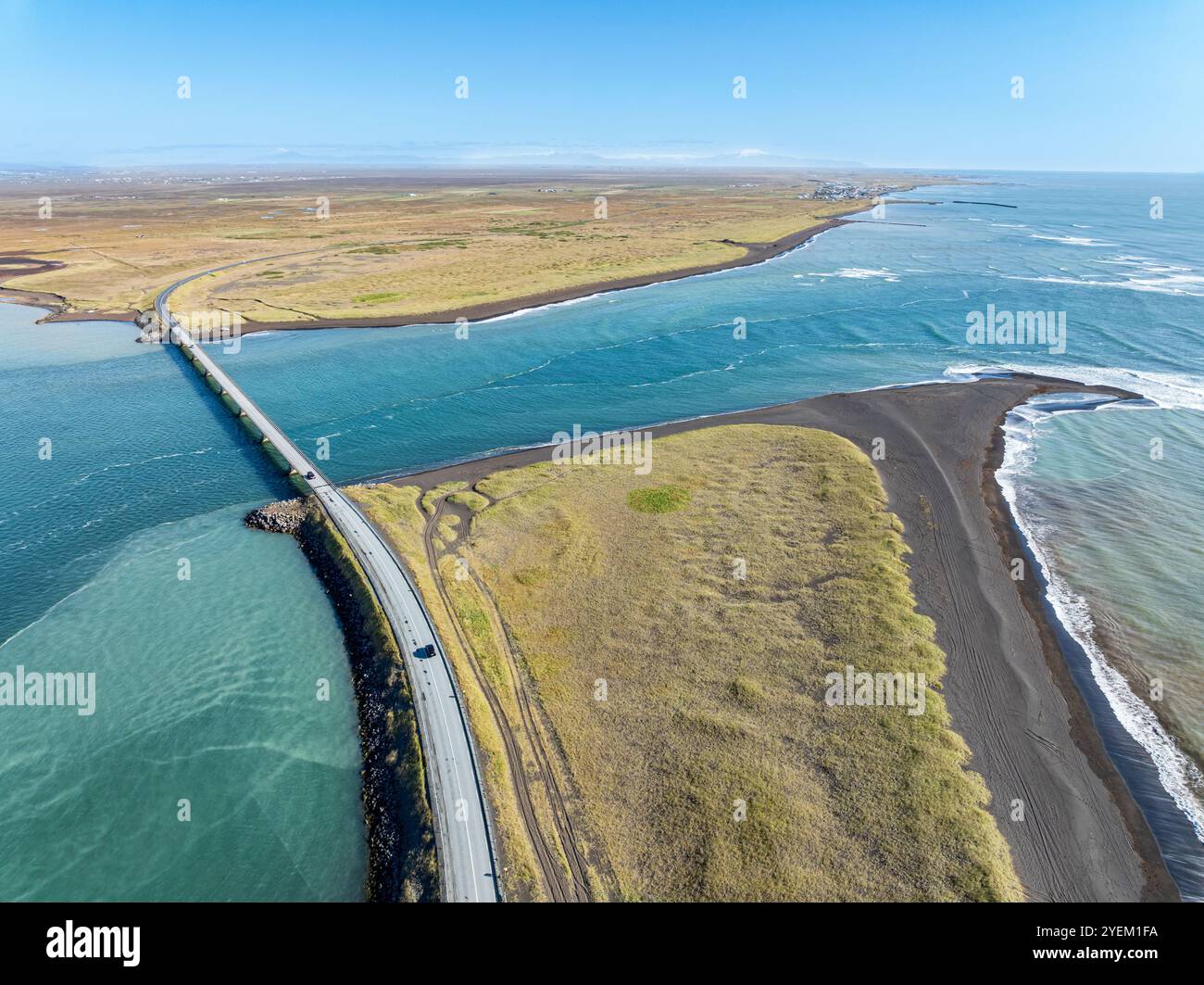 Bridge over Ölfusa river, open sea, near Eyrarbakki, aerial view, southern  coast, Iceland Stock Photo