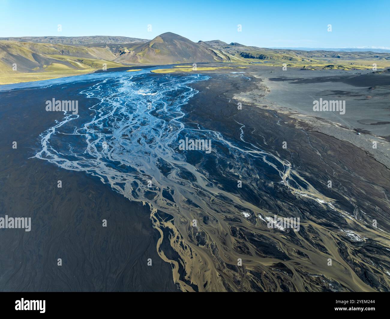 Aerial view, glaicial streams flow across Mælifellssandur, black sand desert , Icelandic highlands, Iceland Stock Photo