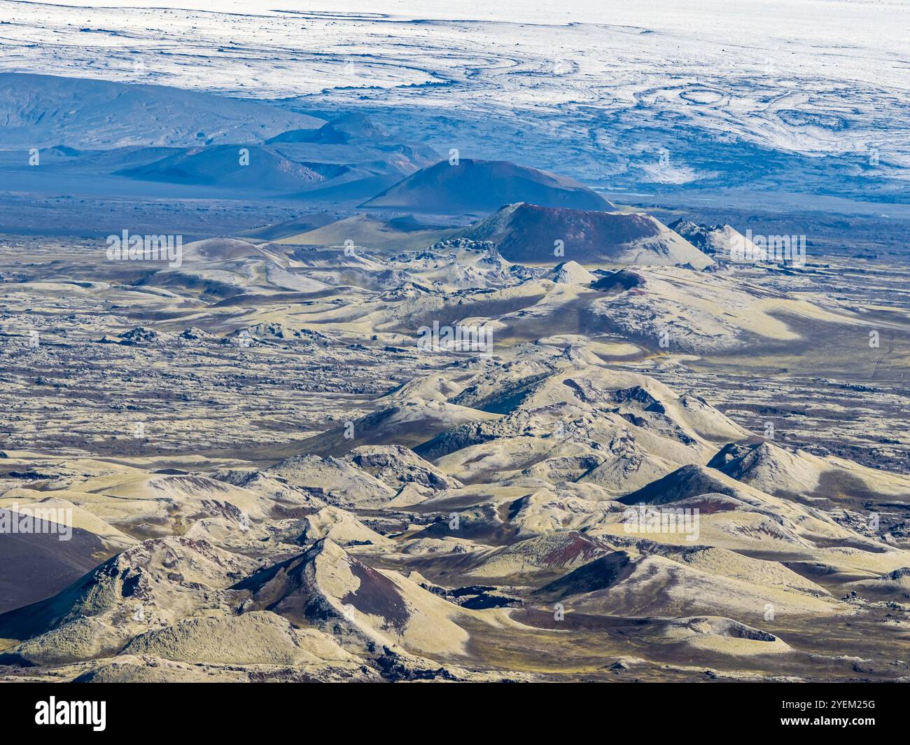 Moss-covered Laki crater or Lakagígar, series of craters,  crater continue below glacier Vatnajökull, interior highlands of Iceland,  Suðurland, Icela Stock Photo