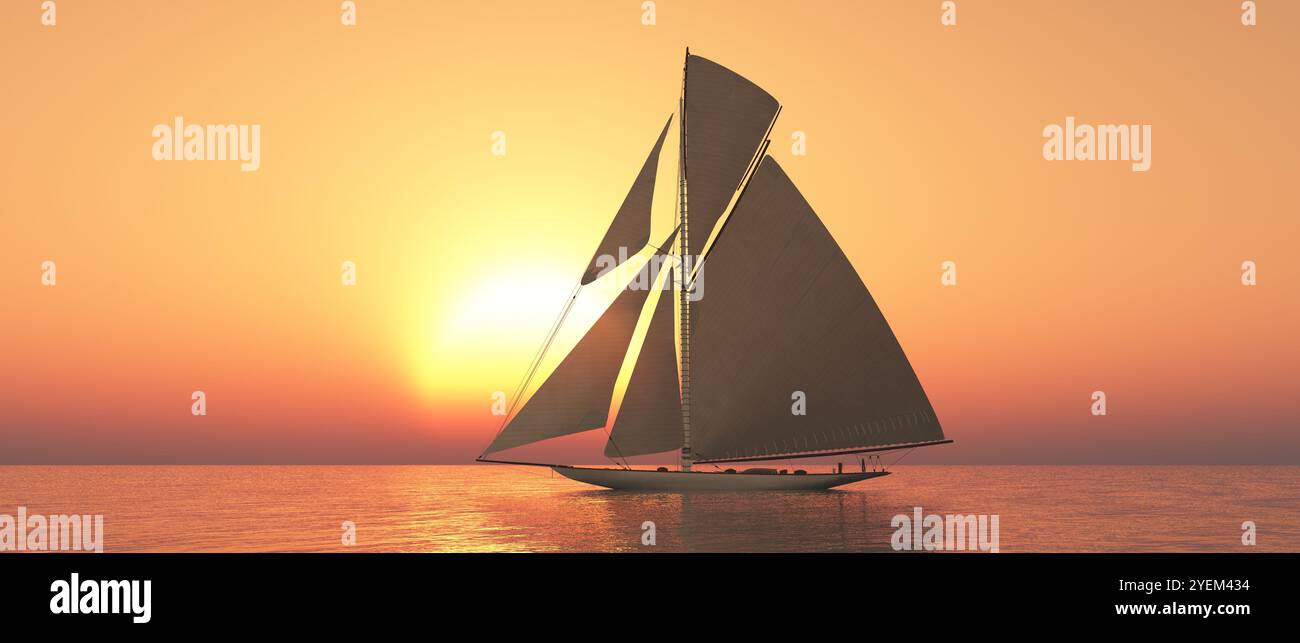 Sailing yacht in the open sea at sunset Stock Photo