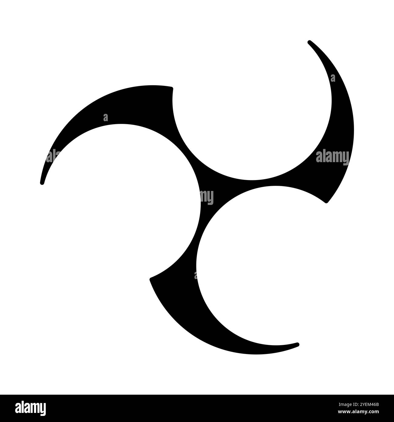 Swirl derived from a Japanese three tomoe symbol, a left threefold Mitsudomoe, and a swirl of three commas or tadpoles, circumscribed in a circle. Stock Photo