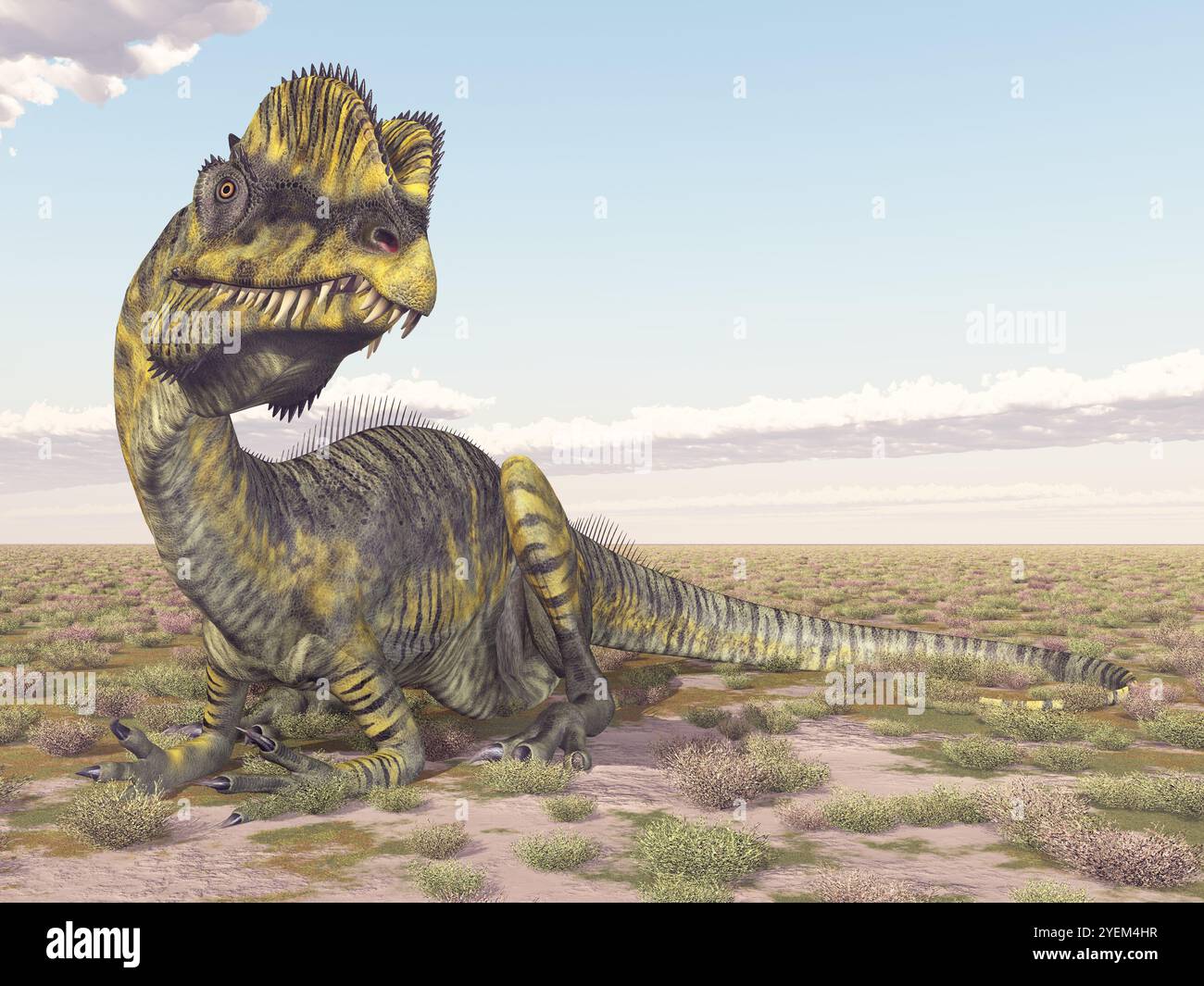 Dinosaur Dilophosaurus sitting in a landscape Stock Photo