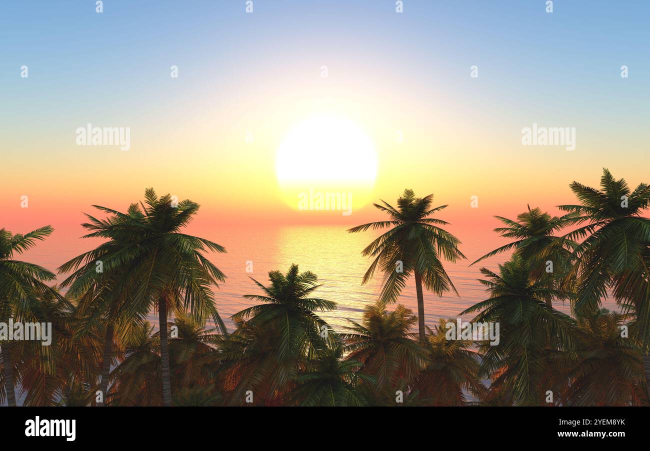 Palm trees at the sea at sunset Stock Photo