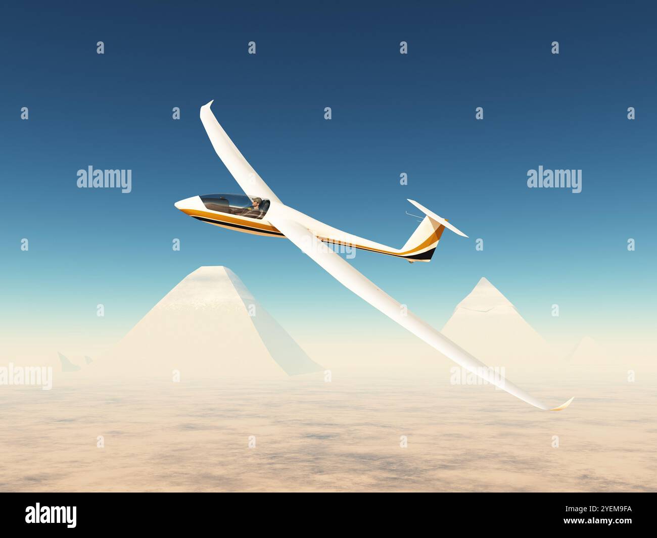 Glider over a desert landscape with Egyptian pyramids Stock Photo