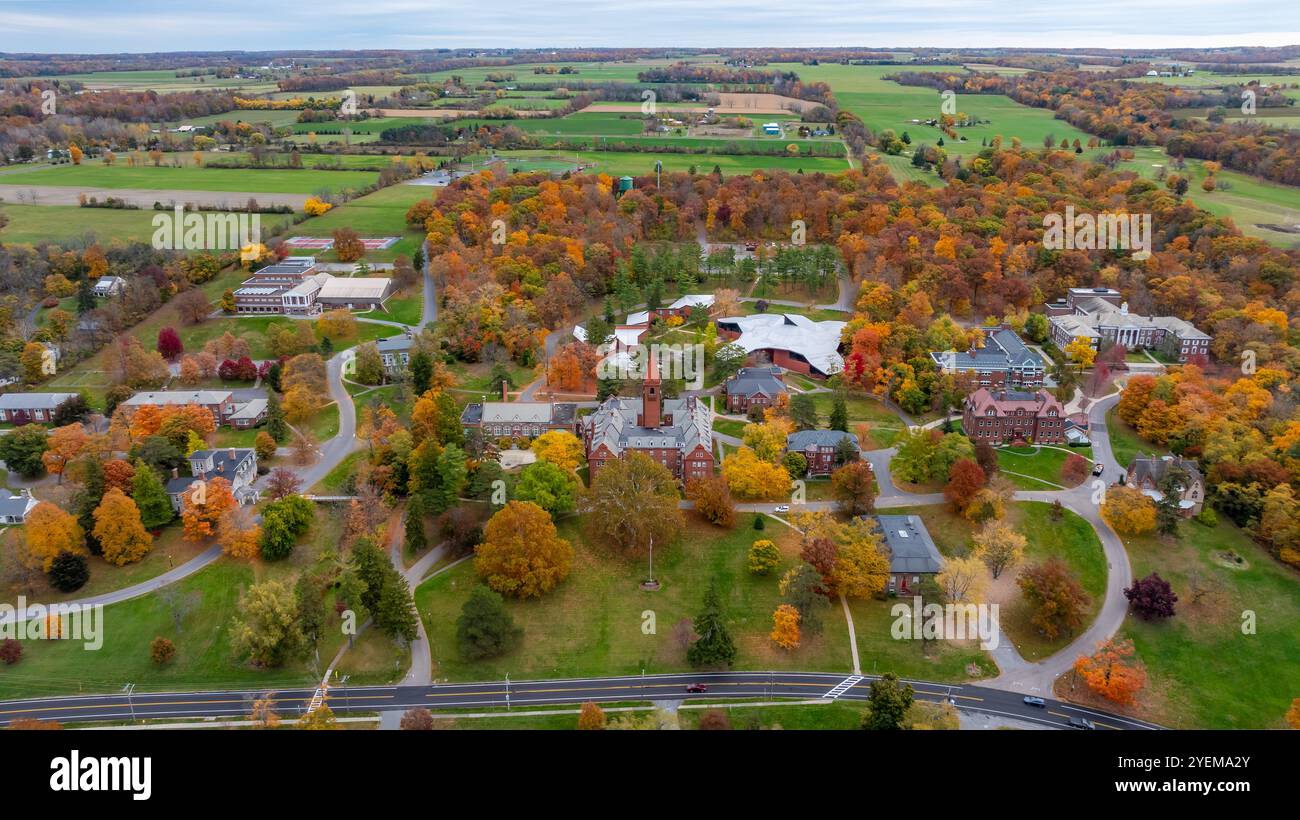 Aerial photo of the fall foliage surrounding the Village of Aurora, Cayuga County, New York State, October 2024. Stock Photo