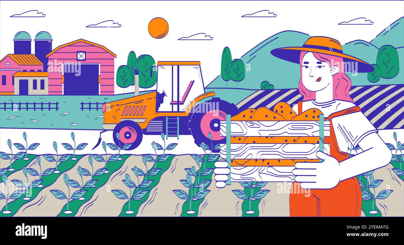 Farmer woman collecting harvest on field doodle cartoon illustration ...