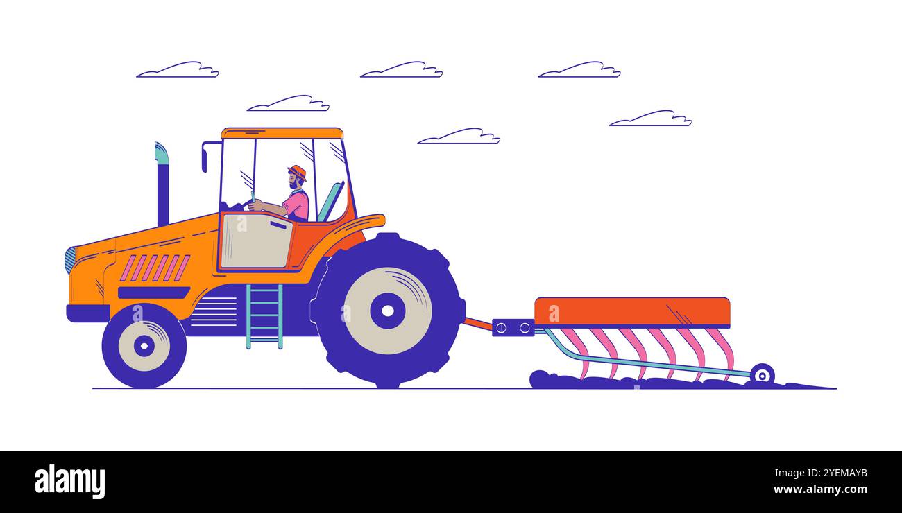 Black farmer riding tractor plowing field doodle cartoon illustration ...
