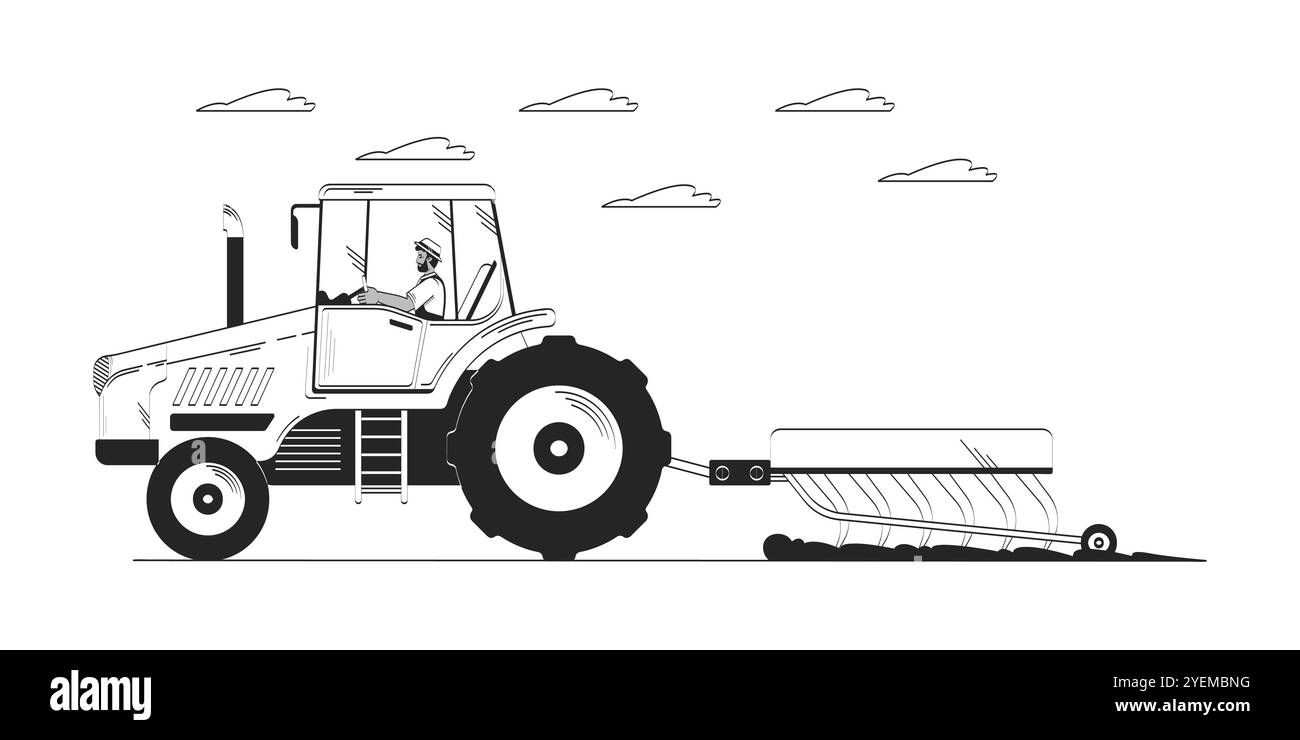 Black farmer riding tractor plowing field doodle lineart illustration ...