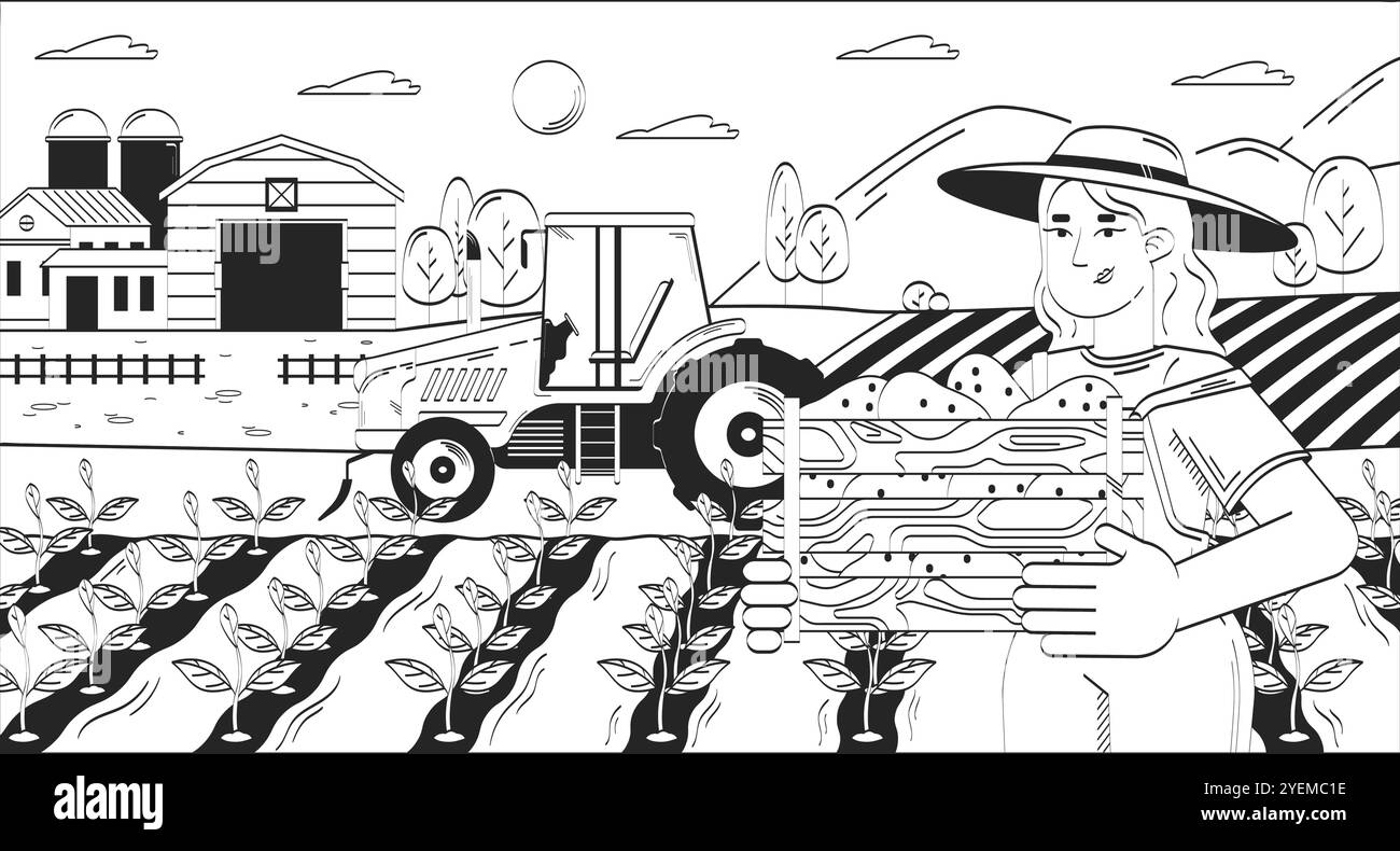 Farmer woman collecting harvest on field doodle lineart illustration ...