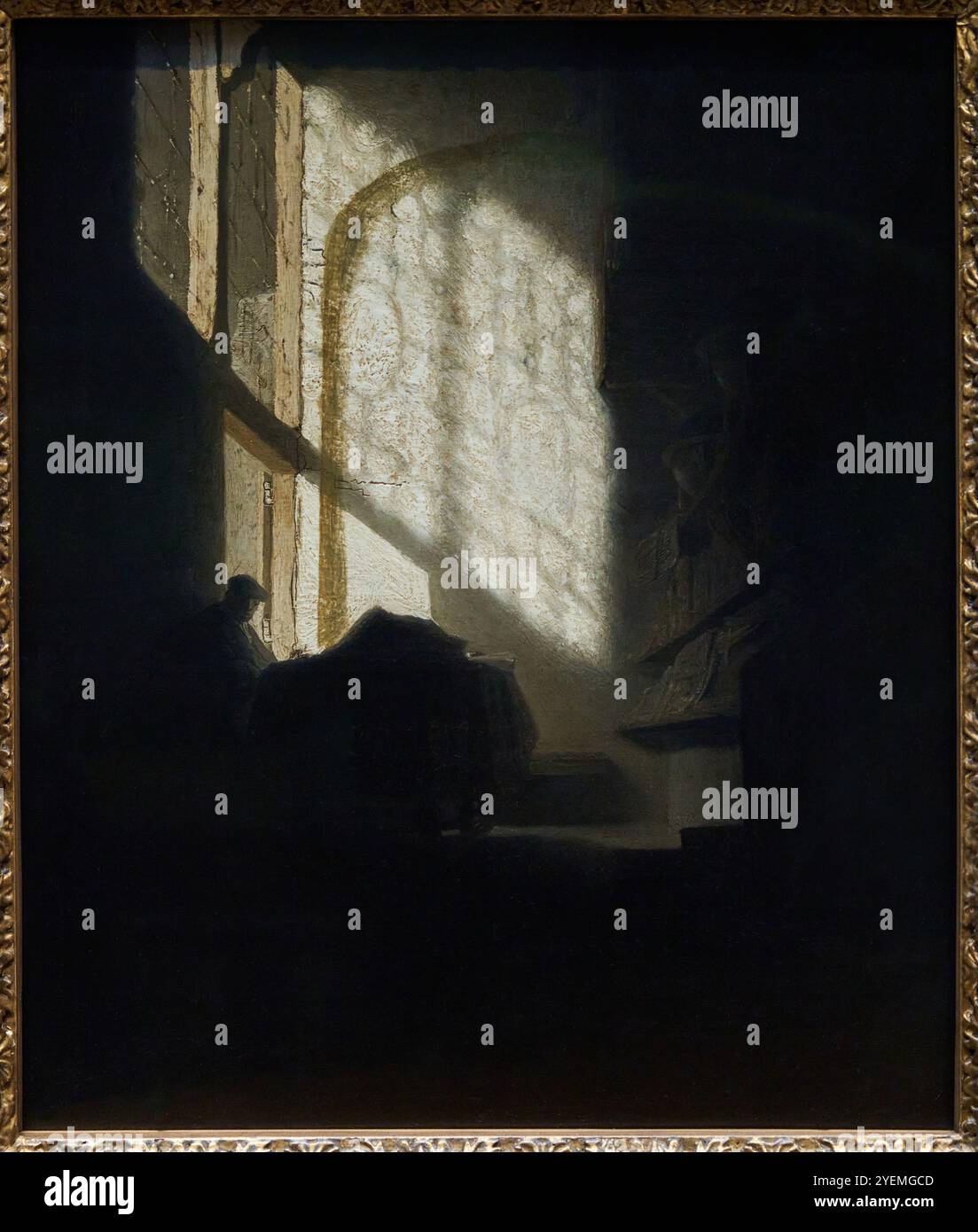 A Man seated reading at a Table in a Lofty Room, about 1628-1630, Follower of Rembrandt (1606-1669), The National Gallery, London, UK Stock Photo