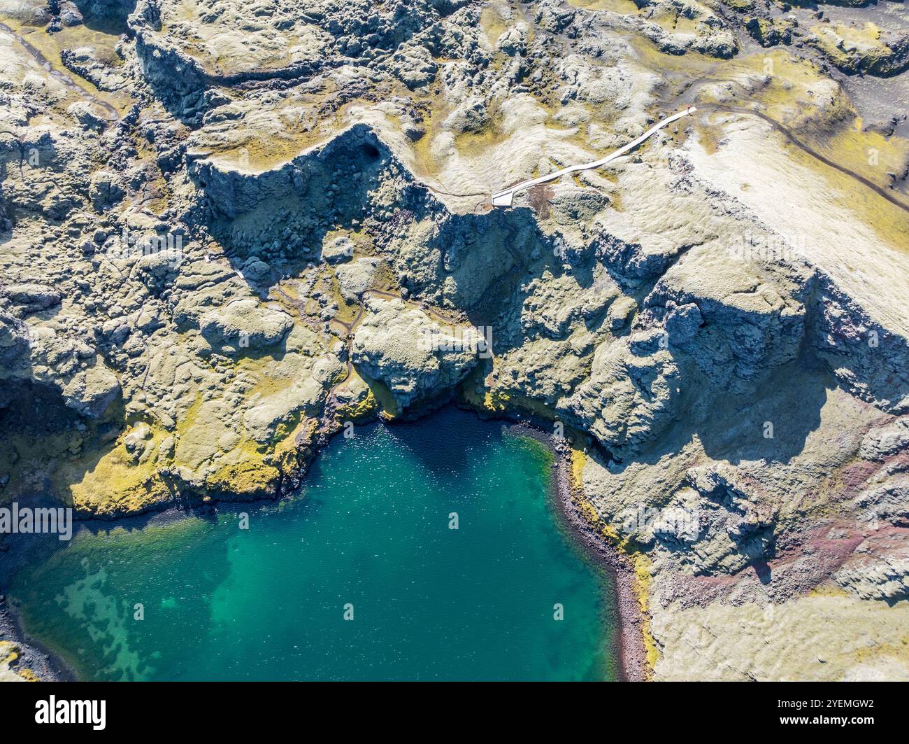 Lake in Tjarnargigur crater, moss-covered Laki crater or Lakagígar, series of craters, aerial view, interior highlands of Iceland,  Suðurland, Iceland Stock Photo