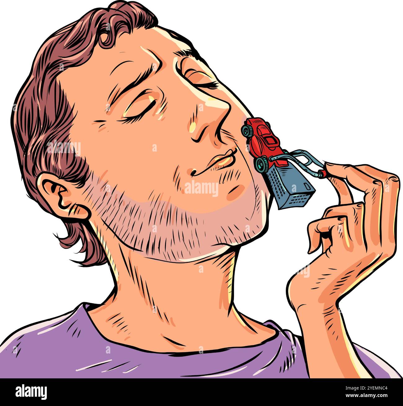 Man shaving with a lawn mower. Incorrect methods of facial skin care ...