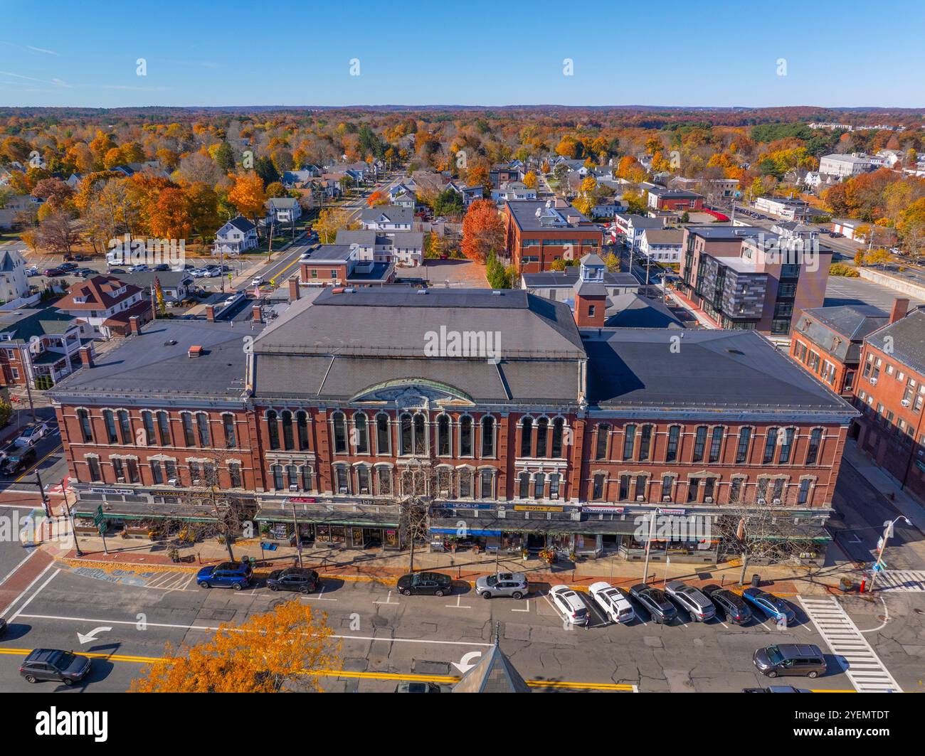 Historic commercial Building aerial view in fall with foliage on Main