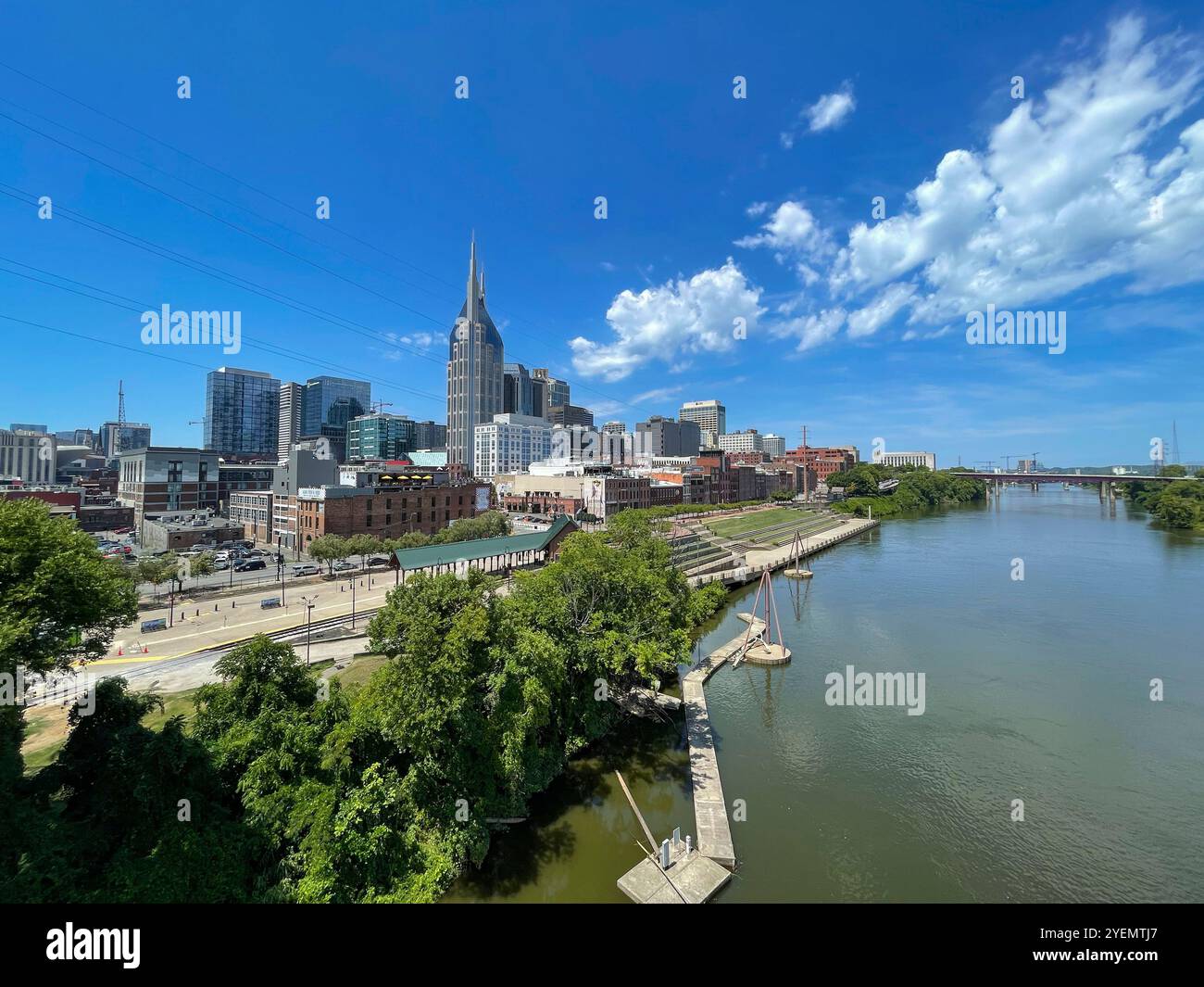 Panoramic view of Skyline of downtown Nashville and the Cumberland River, seen from the Shelby Street Pedestrian Bridge - Smartphone Captured Stock Image