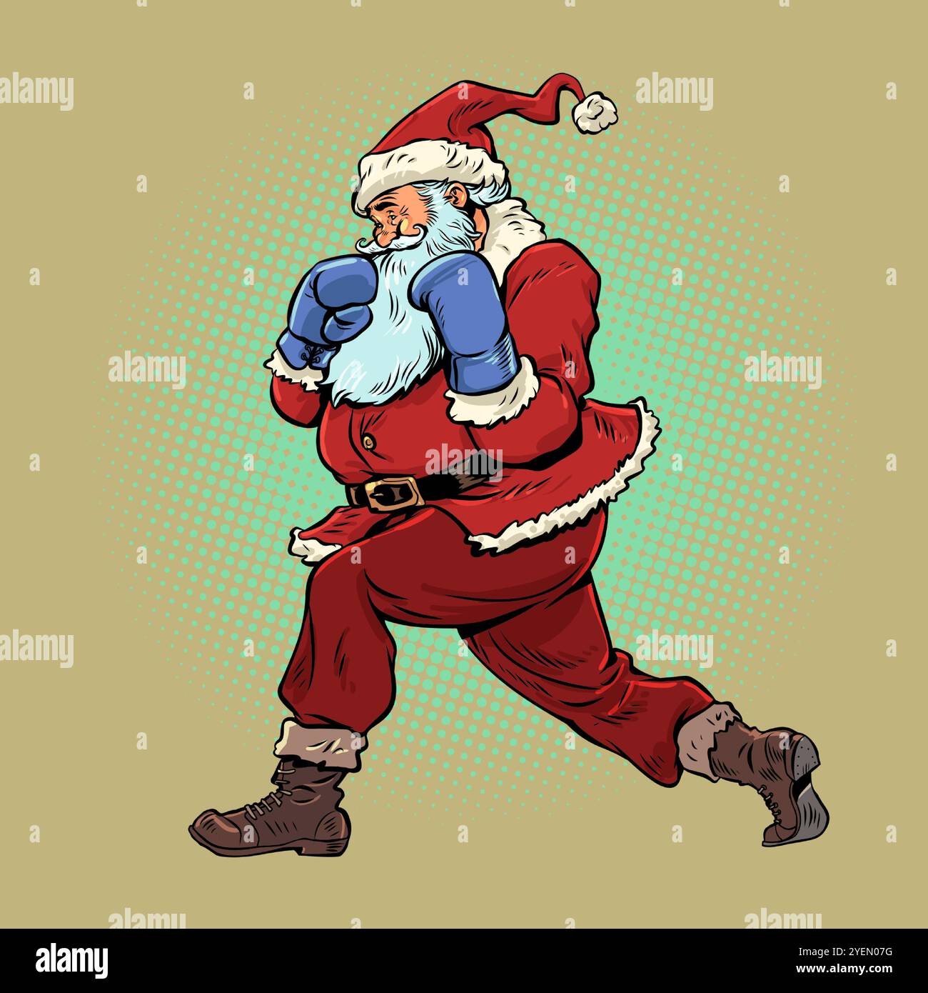 Advertising of a gym in winter. Sports as a gift for New Year and Christmas. Santa Claus with boxing gloves. Pop Art Retro Vector Illustration Kitsch Stock Vector