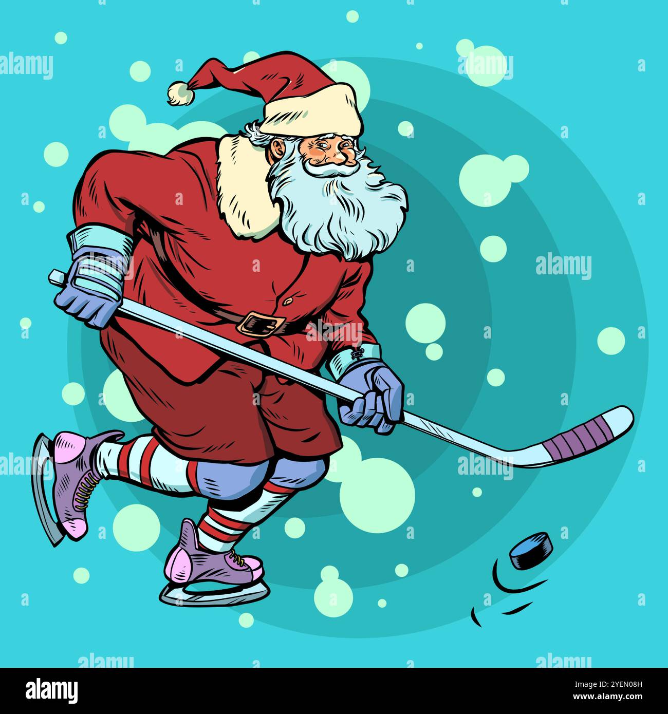 Winter sports and activities. Santa Claus plays hockey. Sale of sports ...