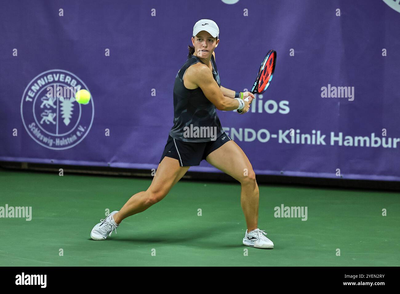 Hamburg, Hamburg, Germany. 31st Oct, 2024. Kaitlin Quevedo of Spain, returns with backhand during the Hamburg Henssler at Home Ladies Cup - Womens Tennis, ITF World Tennis Tour (Credit Image: © Mathias Schulz/ZUMA Press Wire) EDITORIAL USAGE ONLY! Not for Commercial USAGE! Stock Photo