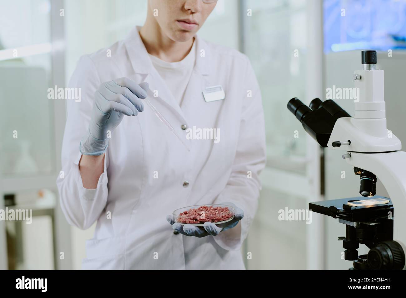 Researcher wearing lab coat and gloves examining lab-grown meat sample in modern laboratory setting with visible microscope and lab equipment. Demonstrating advanced food technology development Stock Photo