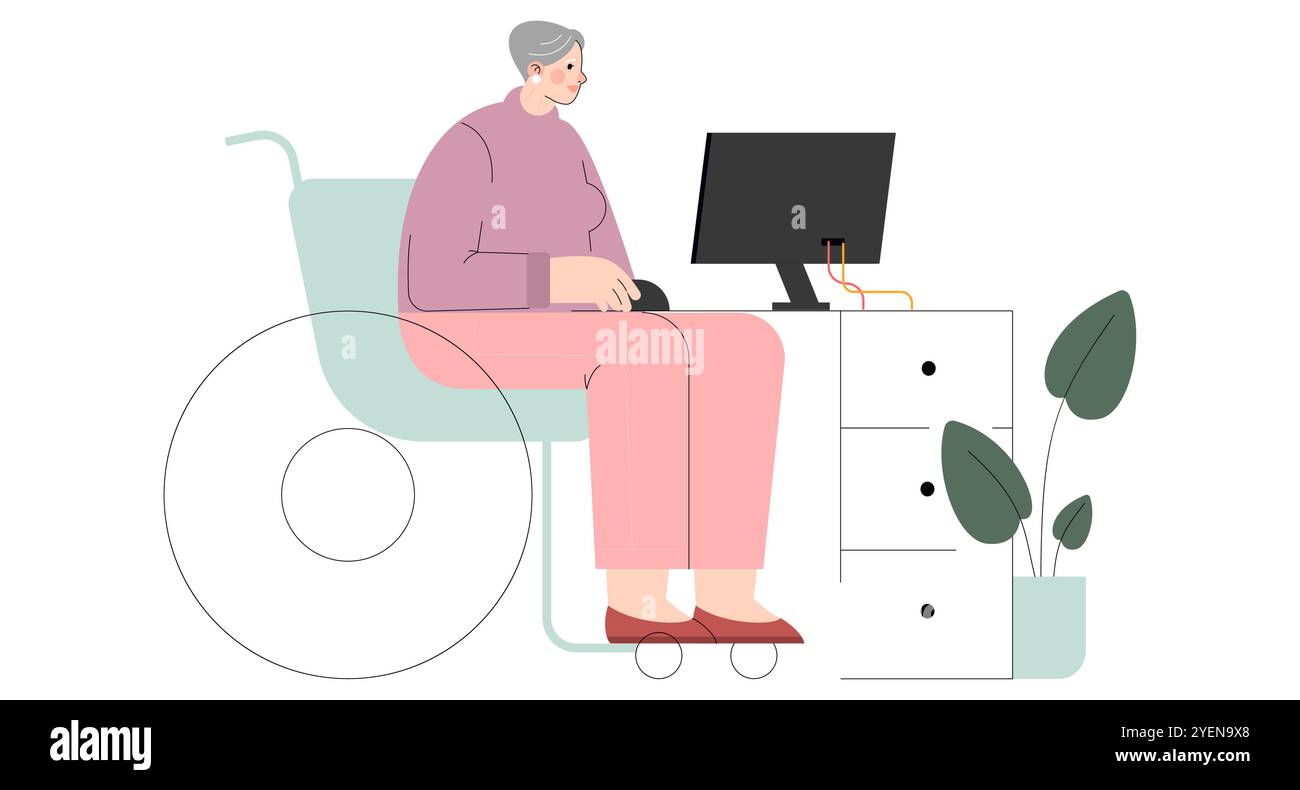 Inclusive workplace concept. Elderly woman on a wheelchair working at a ...