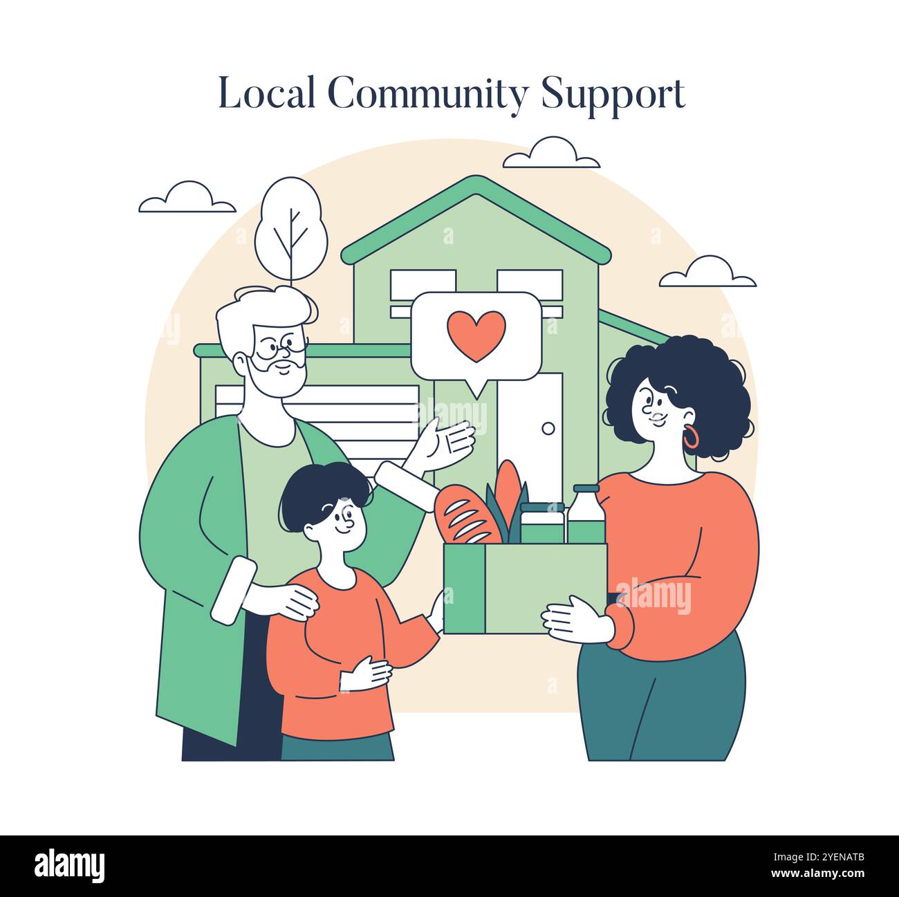 Giving Tuesday concept. Family donates food to local charity, promoting generosity and community solidarity. Unified support during holidays. Vector illustration. Stock Vector