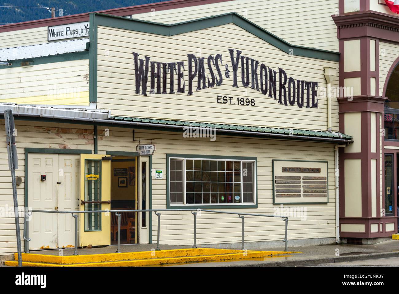 Skagway, Alaska, USA - September 23, 2024: White Pass and Yukon Route exterior building located in the Klondike Gold Rush town of Skagway, Alaska. Stock Photo