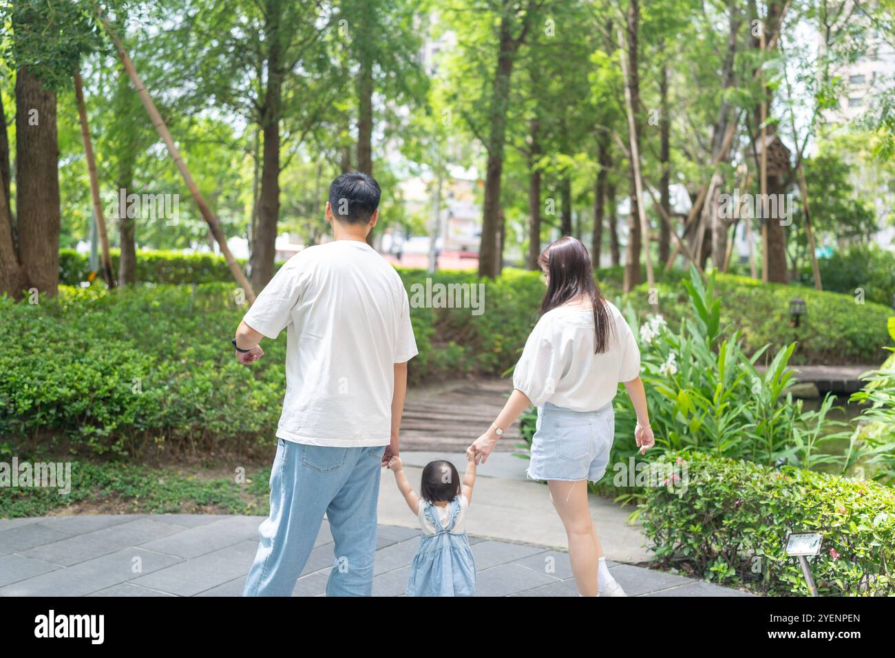 A 1 year old Taiwanese girl walking hand in hand with her parents, a ...