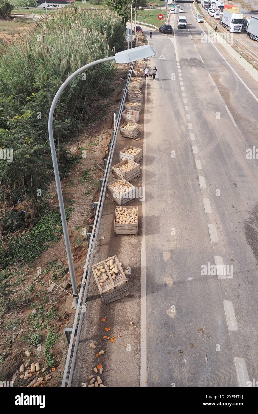 VALENCIA, SPAIN OCTOBER 31, 2024 Farmers are placing damaged potatoes