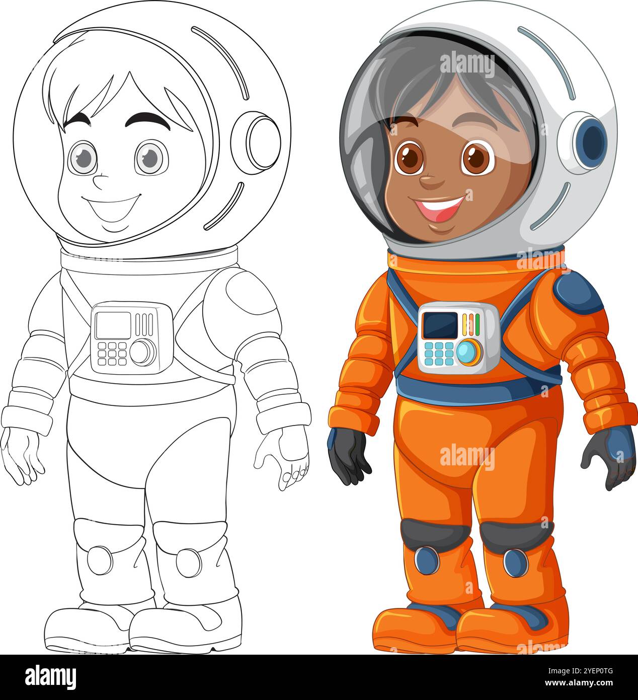 Two kids in astronaut suits smiling Stock Vector
