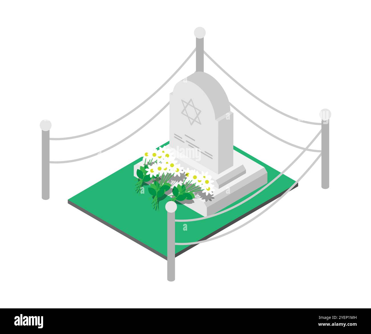 Isometric tombstone monument to mass casualties among Jewish people with bouquets of flowers flowers from caring compatriots. 3D vector isolated on wh Stock Vector