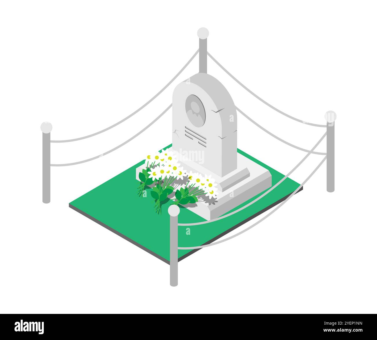 Isometric tombstone monument of a famous person with bouquets of flowers laid by fans and admirers. 3D vector isolated on white background Stock Vector