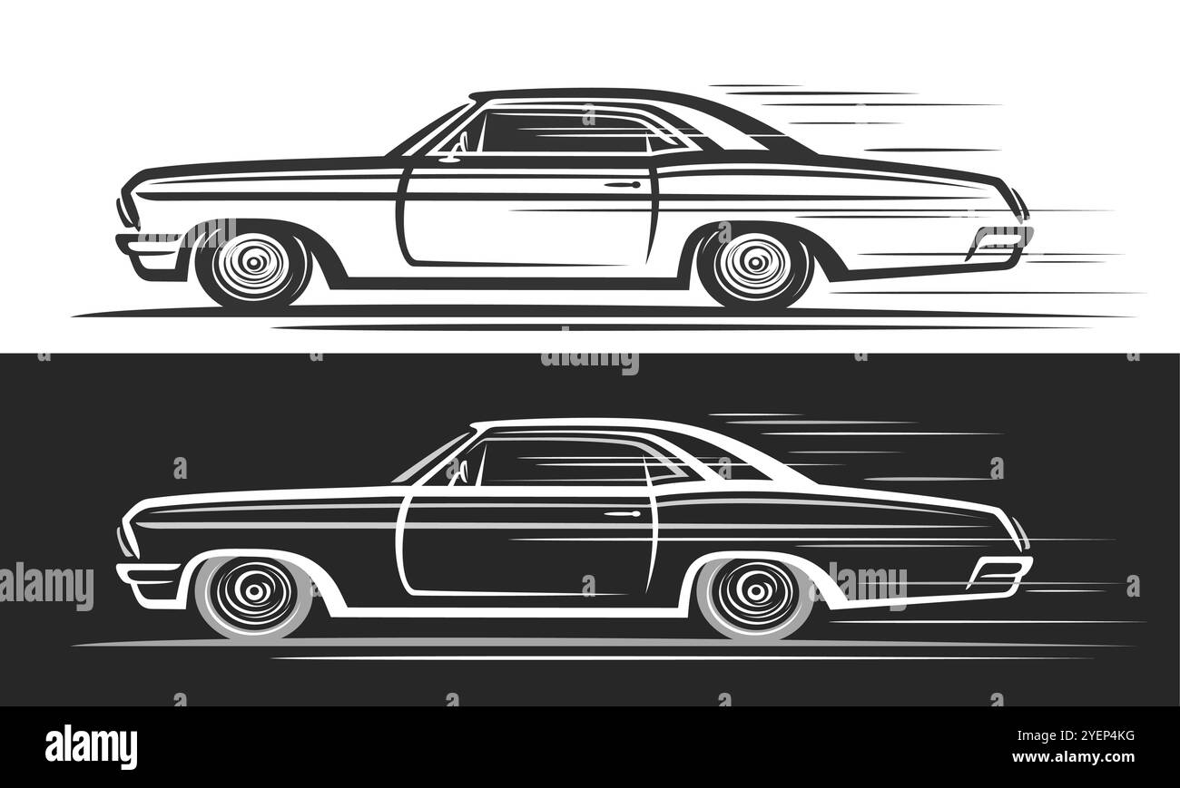 Vector logo for Muscle Car, automotive horizontal banners with illustration of monochrome retro style hot rod in moving, decorative artwork of running Stock Vector