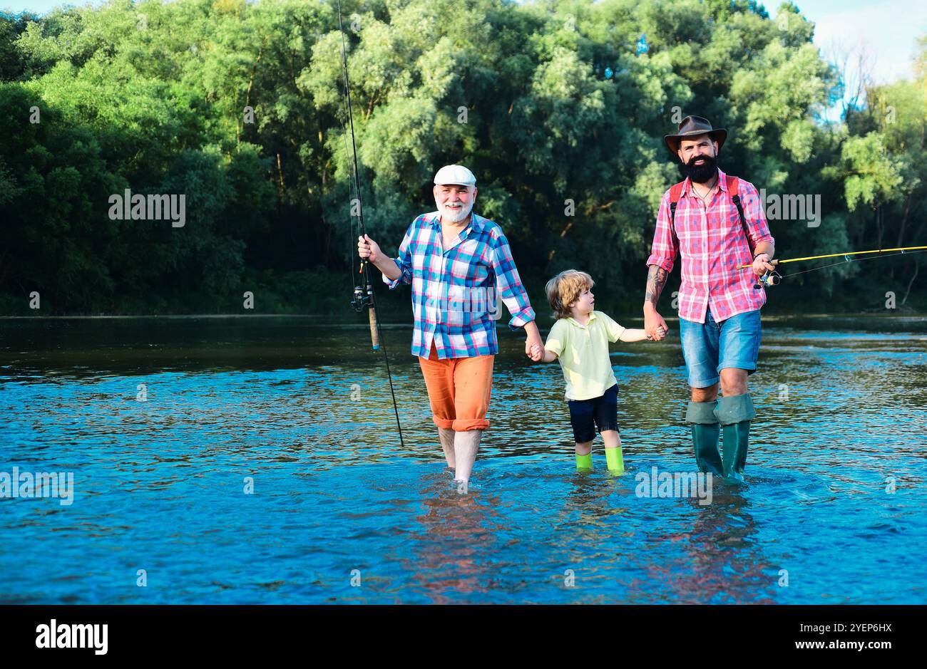 Man family fishing. Father, son and grandfather relaxing together ...