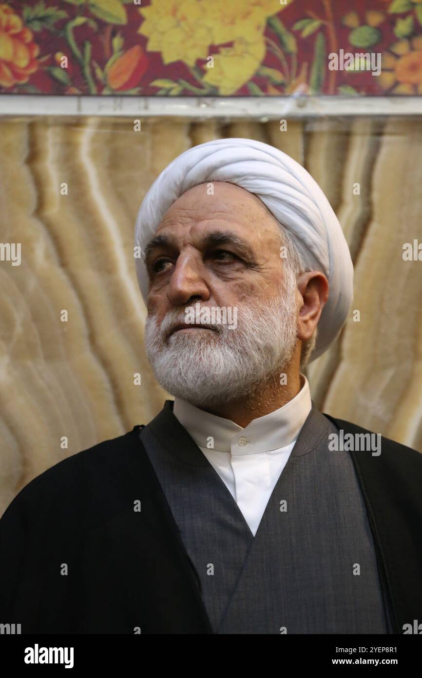 Tehran, Iran. 31st Oct, 2024. Iranian Chief Justice GHOLAM HOSSEIN MOHSENI EJEI attends a ceremony at Palestine Square in Tehran, commemorating the late Hashem Safieddine, a prominent cleric who was expected to succeed the assassinated Hezbollah leader Hassan Nasrallah, who was killed by an Israeli airstrike in Beirut. Ejei, a conservative Iranian politician and judge, has served as the Chief Justice of Iran since 2021. He has previously held various positions, including Minister of Intelligence (2005-2009), Prosecutor General, and Special Clerical Court Prosecutor. A graduate of the Haqqani Stock Photo