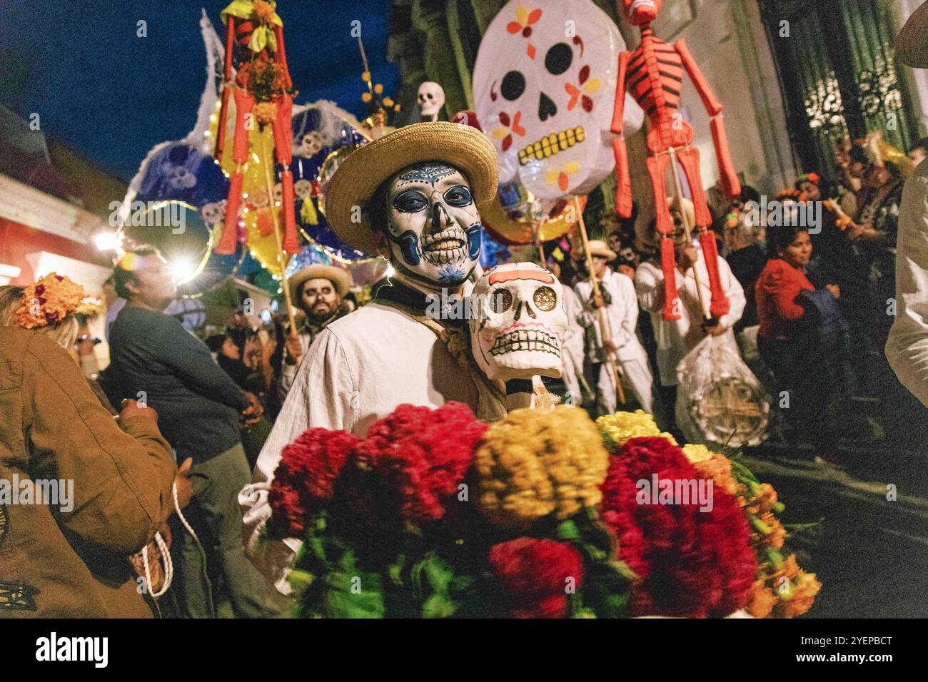 Dia de Muertos Parade in Oaxaca A boy whit his face painted as skull ...