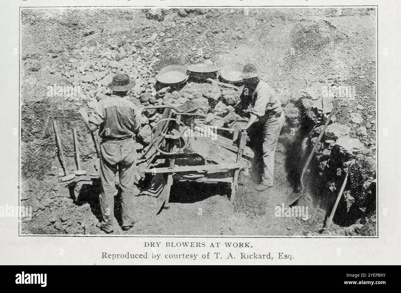 Dry Blowers at Work from the Article GOLD MINING AND MILLING IN WESTERN AUSTRALIA. By A. G. Charleton. Part II. GENERAL GEOLOGY OF THE GOLD-FIELDS, AND THE PROCESS OF DRY BLOWING. from The Engineering Magazine Devoted to Industrial Progress Volume XX 1900 - 1901  The Engineering Magazine Co Stock Photo