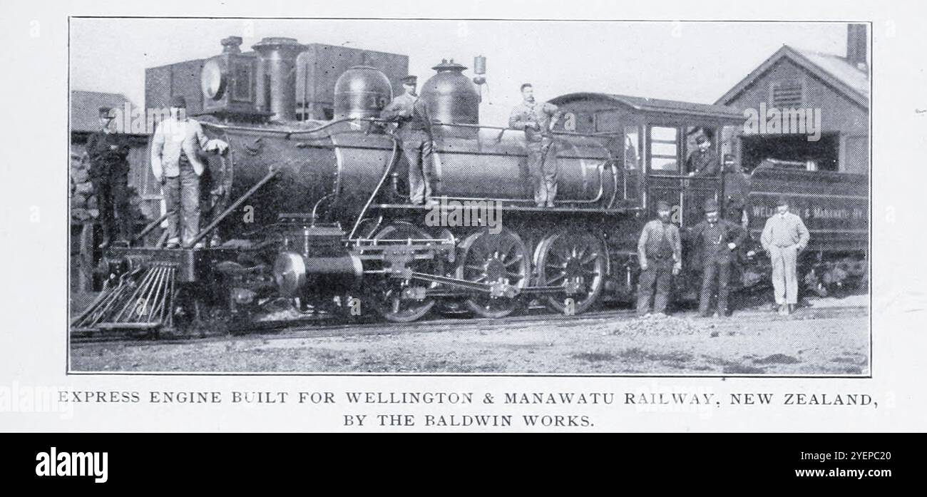 EXPRESS ENGINE BUILT FOR WELLINGTON & MANAWATU RAILWAY, NEW ZEALAND, BY THE BALDWIN WORKS. This locomotive made the record run for 42-inch gauge — 64.2 miles an hour, in 1892.  from the Article ACTUAL WORKING OF AMERICAN LOCOMOTIVES ON BRITISH RAILWAYS. By Charles Rous-Marten. from The Engineering Magazine Devoted to Industrial Progress Volume XX 1900 - 1901  The Engineering Magazine Co Stock Photo