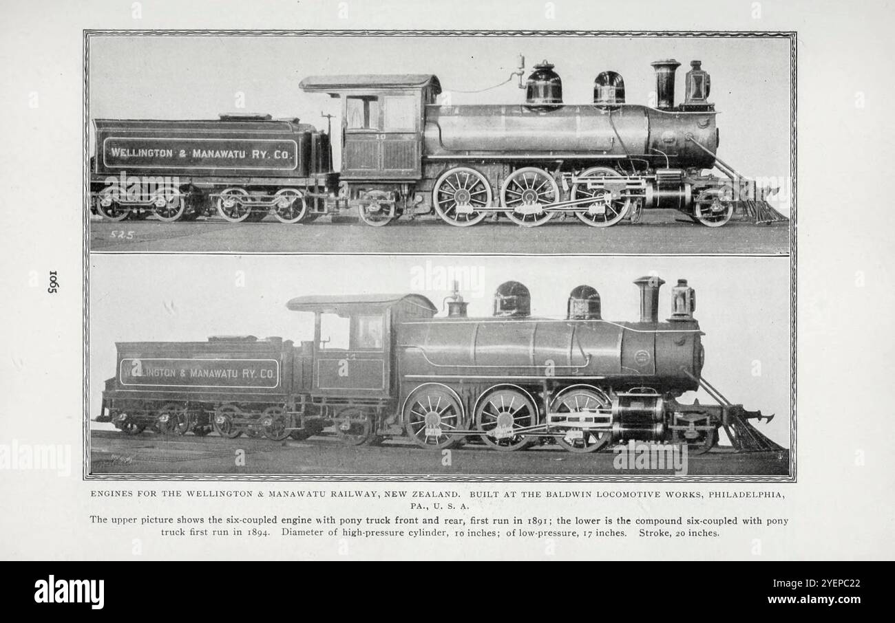 Engines for the WELLINGTON & MANAWATU RAILWAY, NEW ZEALAND STATE RAILWAYS. BUILT AT THE BALDWIN LOCOMOTIVE WORKS, PHILADELPHIA, USA  from the Article ACTUAL WORKING OF AMERICAN LOCOMOTIVES ON BRITISH RAILWAYS. By Charles Rous-Marten. from The Engineering Magazine Devoted to Industrial Progress Volume XX 1900 - 1901  The Engineering Magazine Co Stock Photo