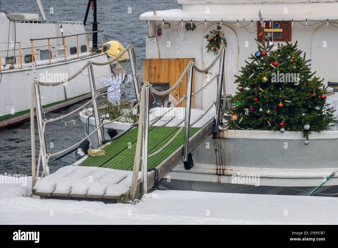 Christmas tree on a boat moored at the bank Stock Photo - Alamy