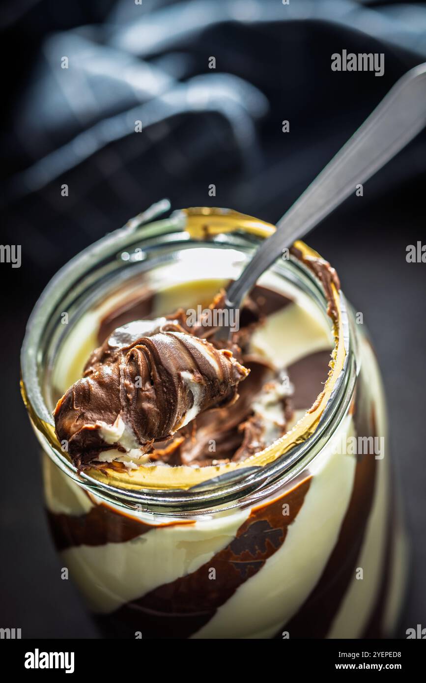 Chocolate cream spread on  a spoon. Stock Photo