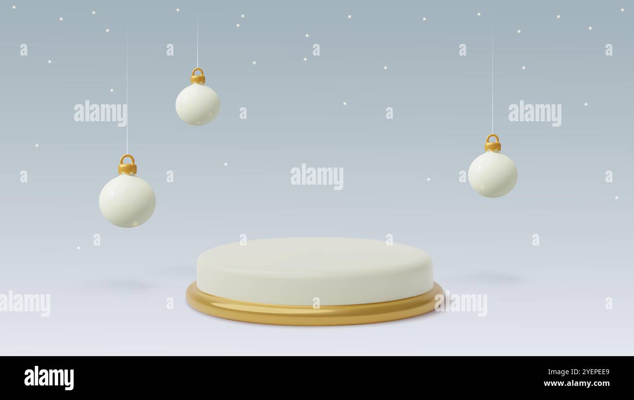 3d winter holiday podium with Christmas ornaments and snow. Horizontal ...