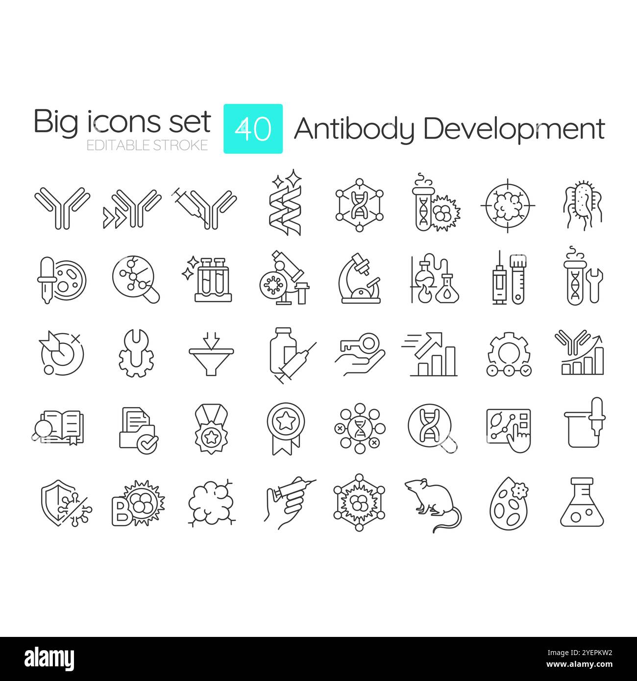 Antibody development linear icons set Stock Vector