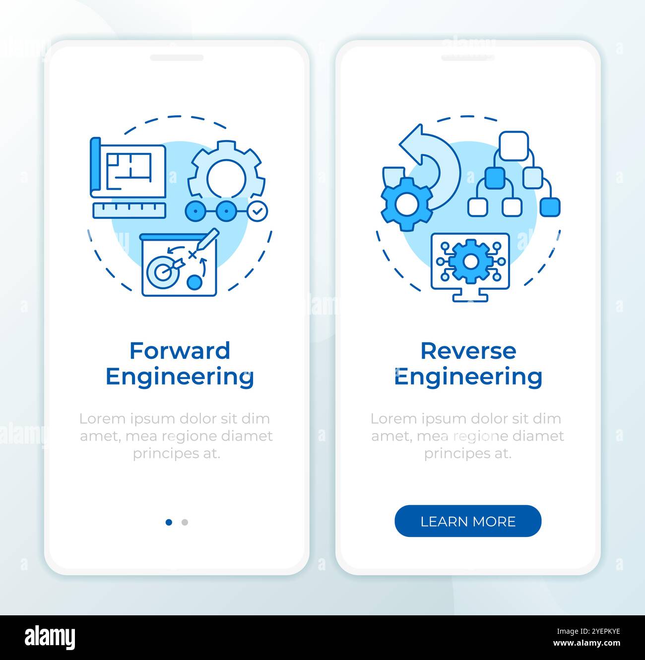 Forward vs reverse engineering blue onboarding mobile app screen Stock ...